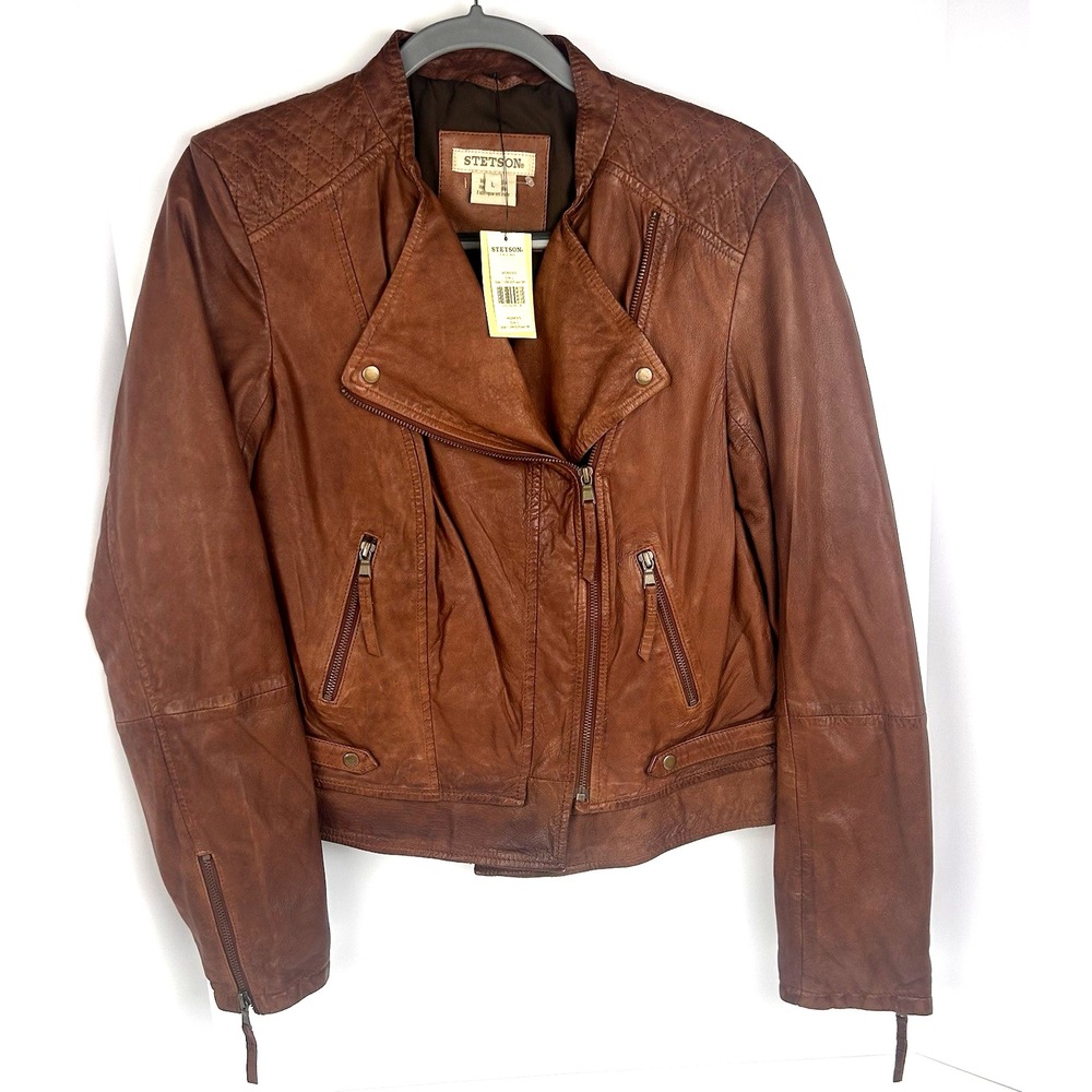 NWT‎ Stetson Brand Soft Leather Moto Bomber Concert Jacket Brown size L